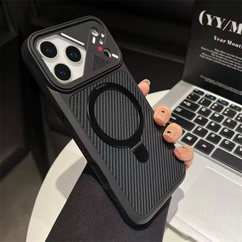 Carbon Fiber MagSafe Stand Case – Shockproof Magnetic Cover with 360° Ring Holder