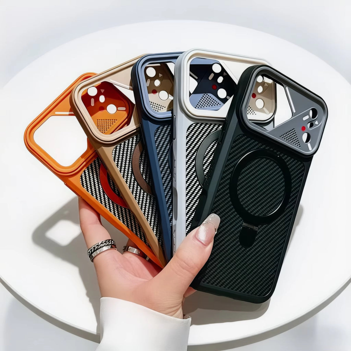 Carbon Fiber MagSafe Stand Case – Shockproof Magnetic Cover with 360° Ring Holder