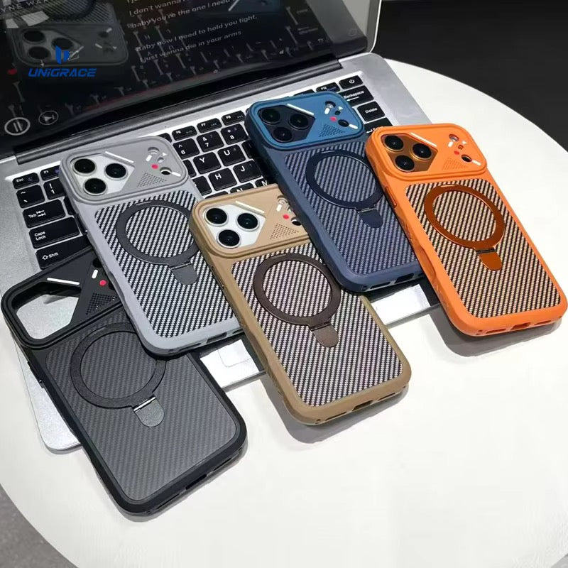 Carbon Fiber MagSafe Stand Case – Shockproof Magnetic Cover with 360° Ring Holder