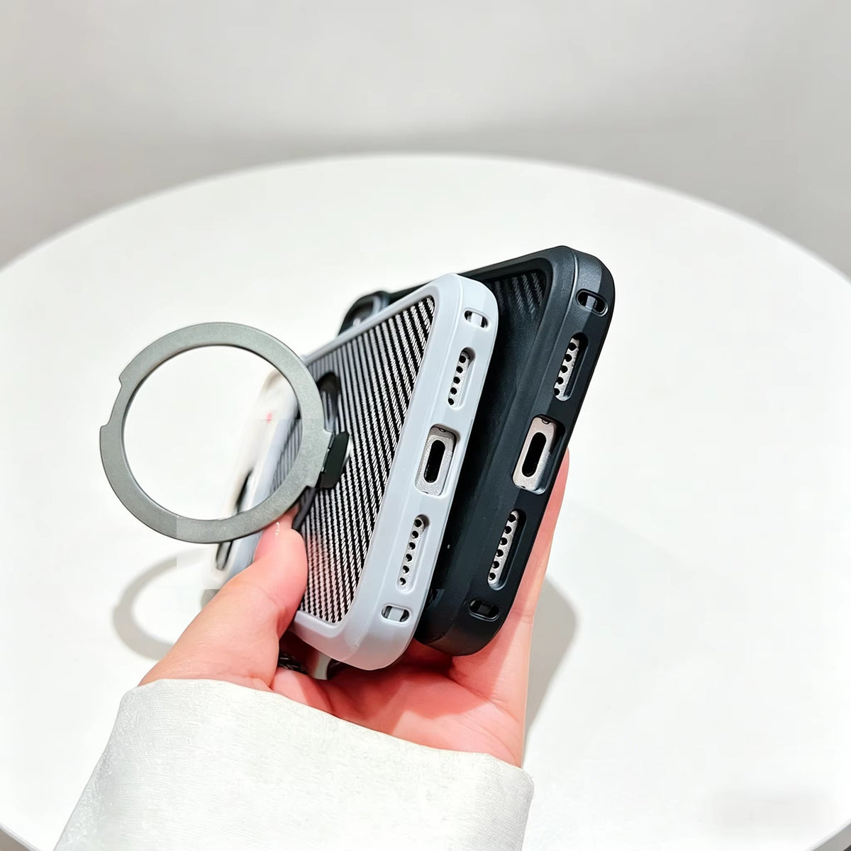 Carbon Fiber MagSafe Stand Case – Shockproof Magnetic Cover with 360° Ring Holder