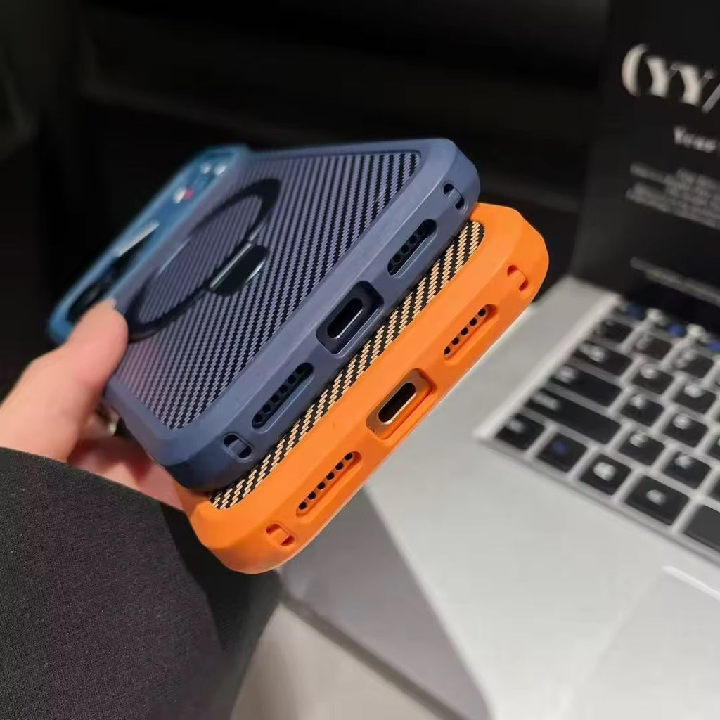 Carbon Fiber MagSafe Stand Case – Shockproof Magnetic Cover with 360° Ring Holder