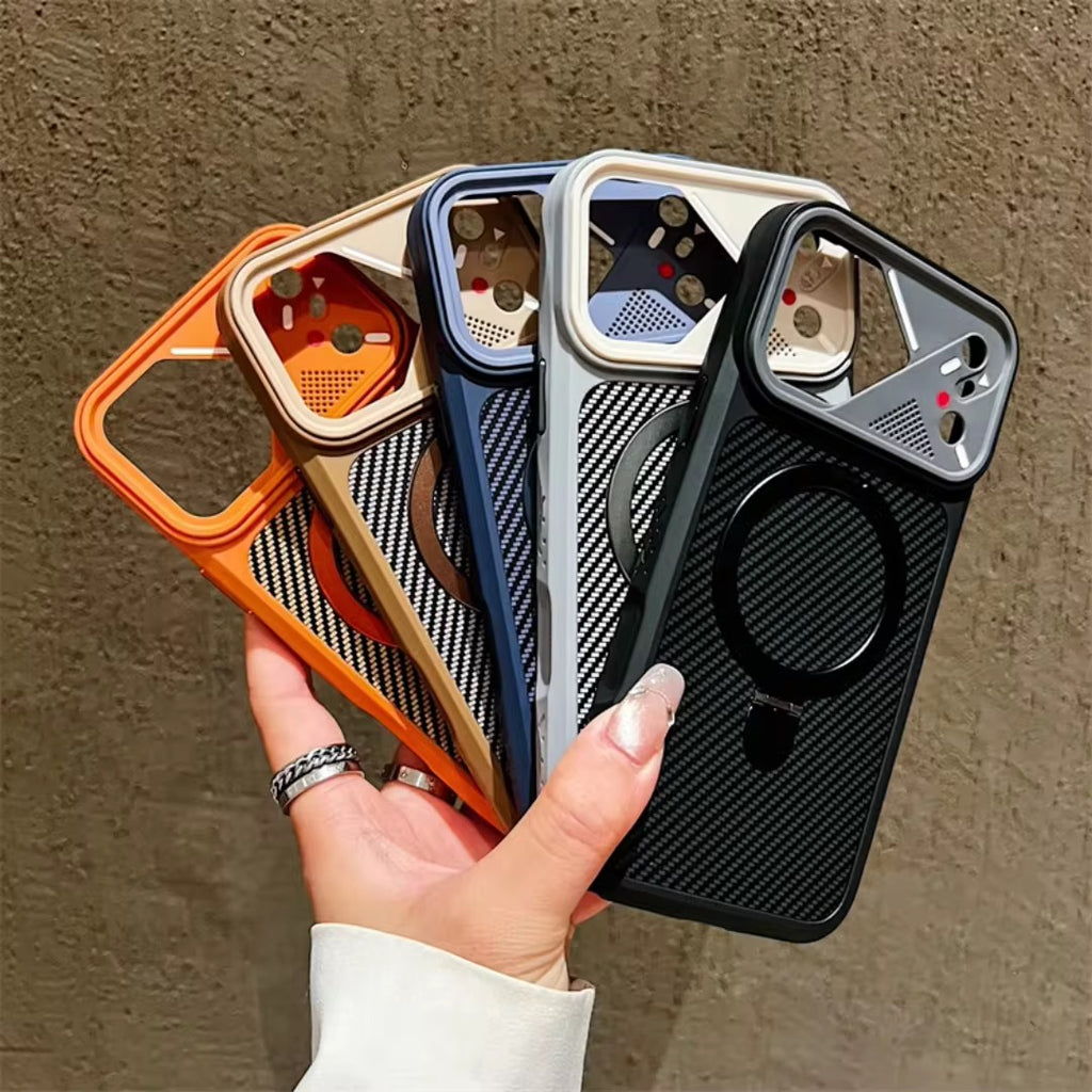 Carbon Fiber MagSafe Stand Case – Shockproof Magnetic Cover with 360° Ring Holder
