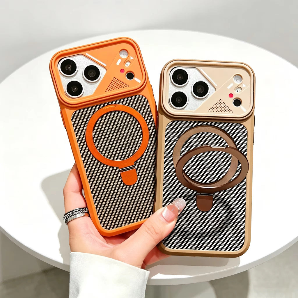 Carbon Fiber MagSafe Stand Case – Shockproof Magnetic Cover with 360° Ring Holder