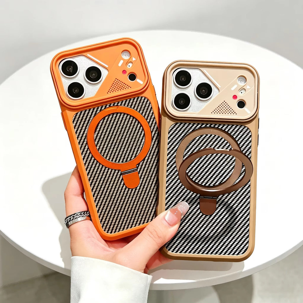 Carbon Fiber MagSafe Stand Case – Shockproof Magnetic Cover with 360° Ring Holder