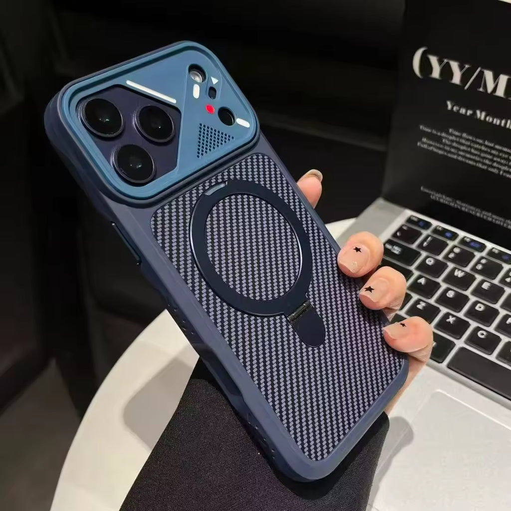 Carbon Fiber MagSafe Stand Case – Shockproof Magnetic Cover with 360° Ring Holder