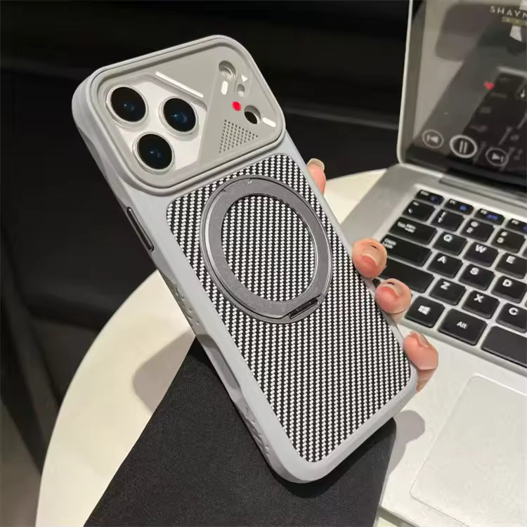Gray White - Carbon Fiber MagSafe Stand Case – Shockproof Magnetic Cover with 360° Ring Holder